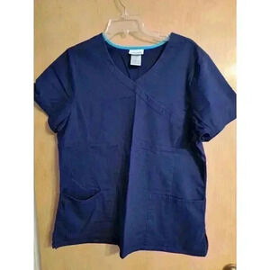 ScrubStar Womens L Large Scrub Top Navy  Blue Solid V Neck Wrap Pocket